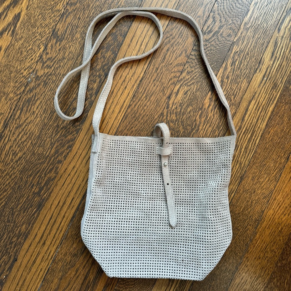 Anthropologie leather crossbody purse / grey / super soft sueded